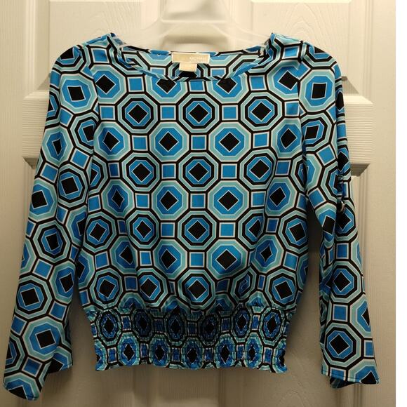 Michael Kors Women's Size Small Petite Blue Funky Retro Geometric Pattern Top - Picture 1 of 7